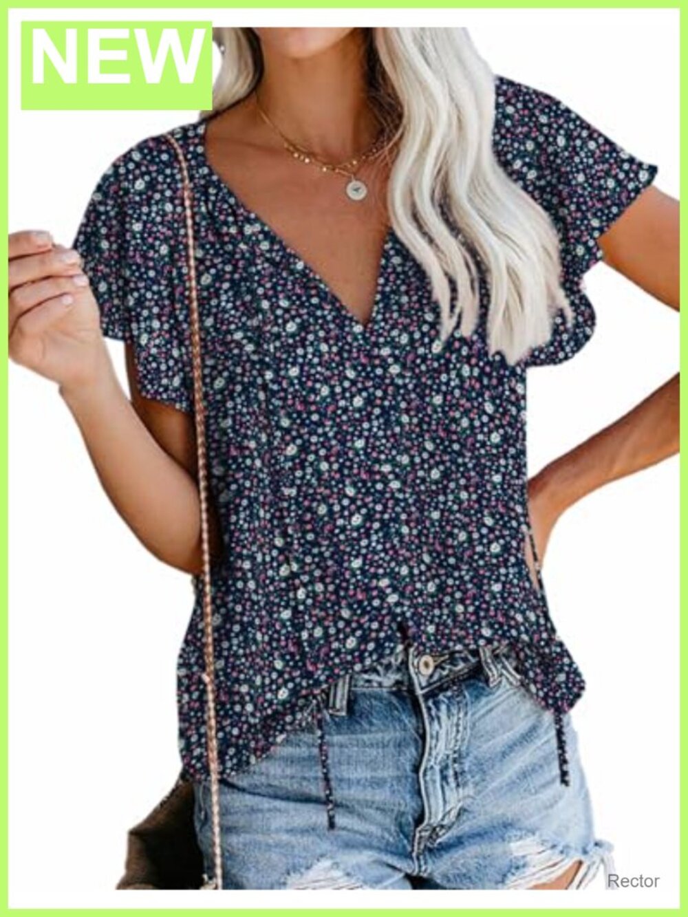 Boho Floral V Neck Short Flutter Sleeve Blouse Polyester Chiffon Top